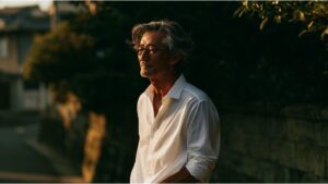 国際結婚用のプロフィール写真を整える50代男性