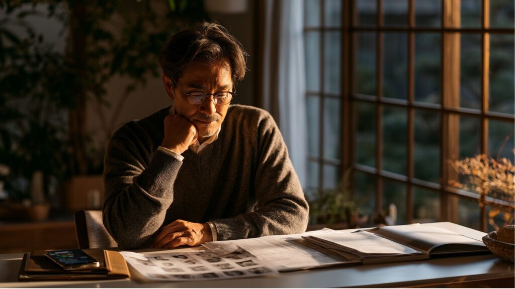 国際結婚に向けて準備計画書を確認する50代男性