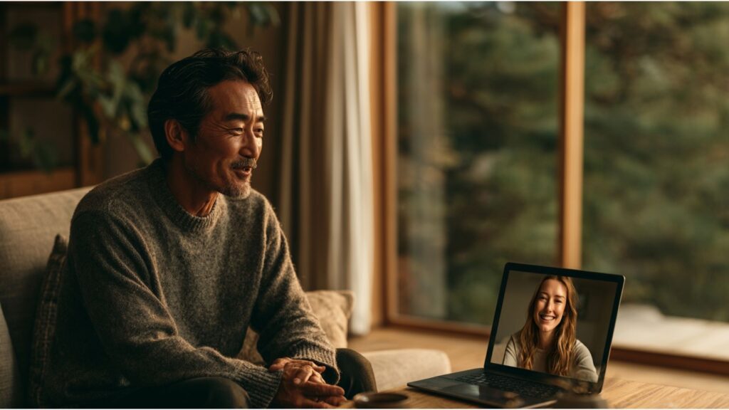 外国人女性とのやり取りに向けてWhatsAppを使う中年男性