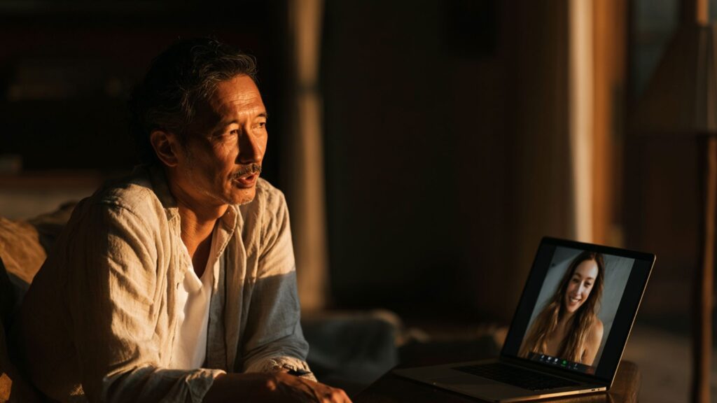 外国人女性とのやり取りに向けてWhatsAppを使う中年男性