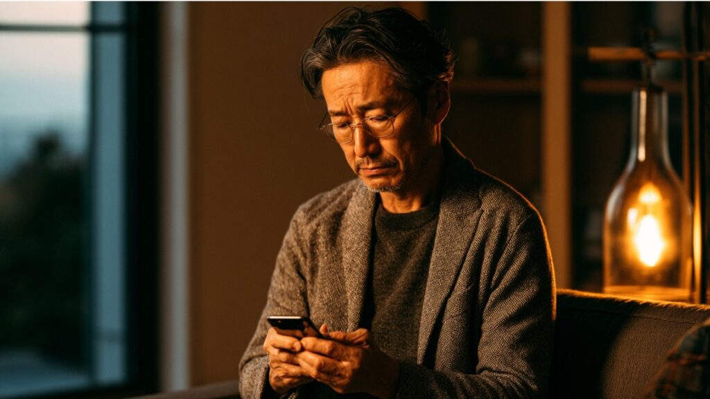 外国人女性とのやり取りに向けてWhatsAppを使う中年男性
